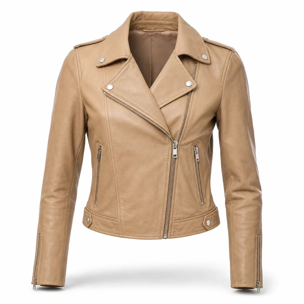 Product photo of a tan leather biker jacket on white