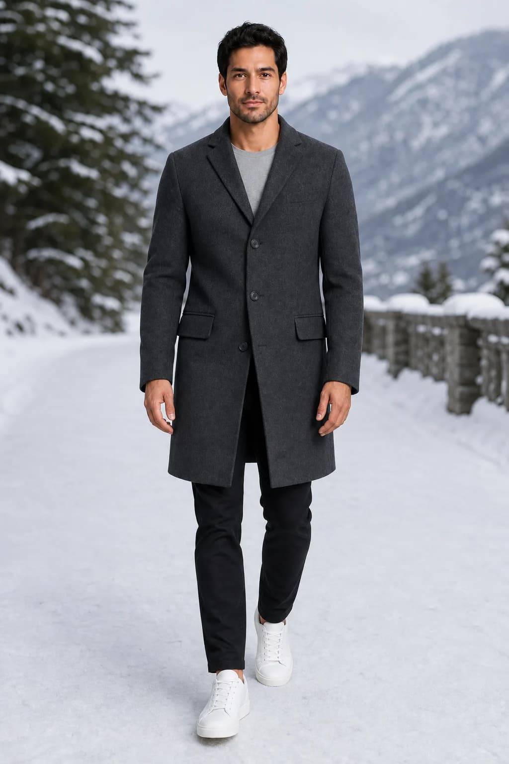 A man in a charcoal overcoat on a snowy mountain road, made by AURA