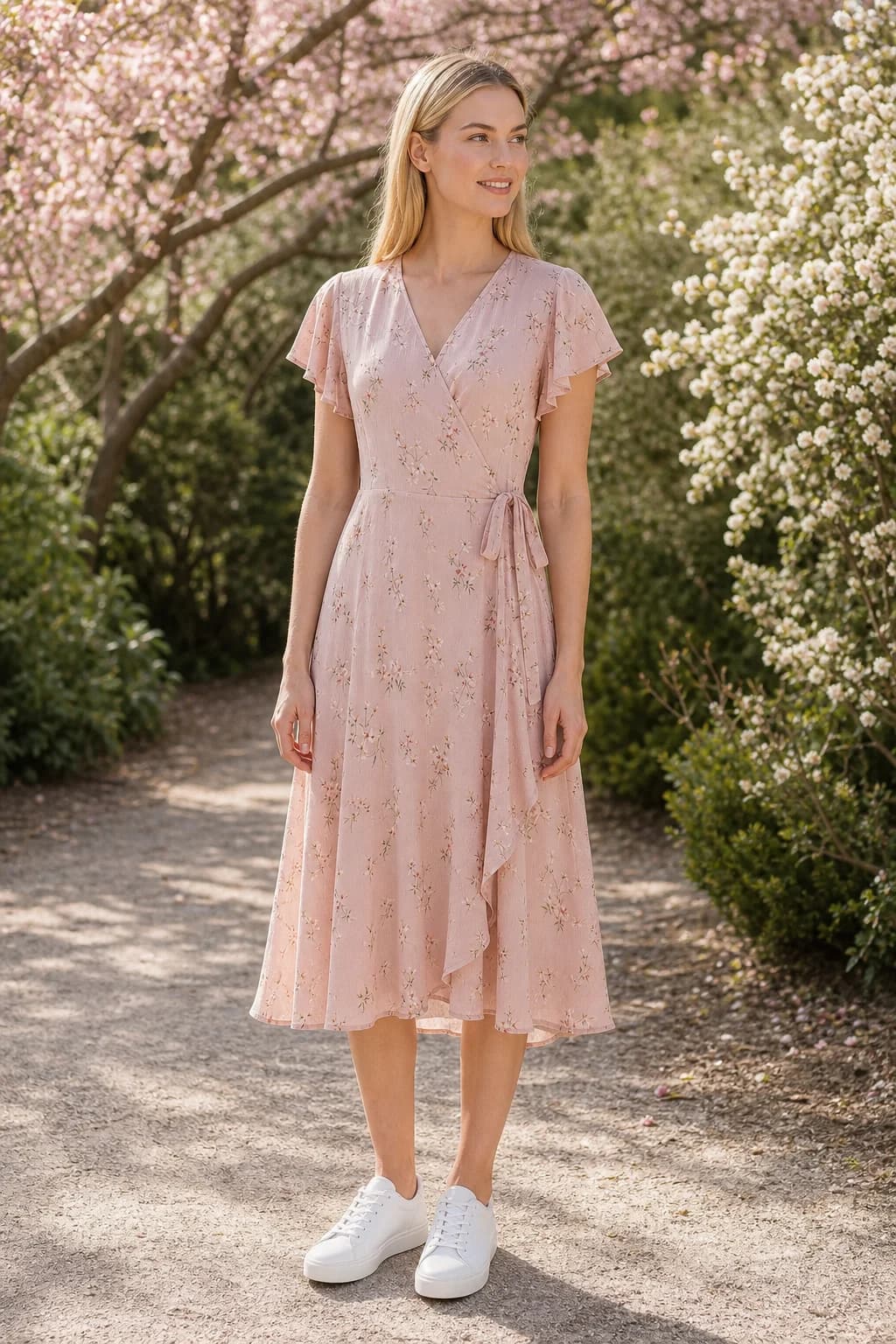 A woman on a blossoming spring path in a blush floral wrap dress, made by AURA