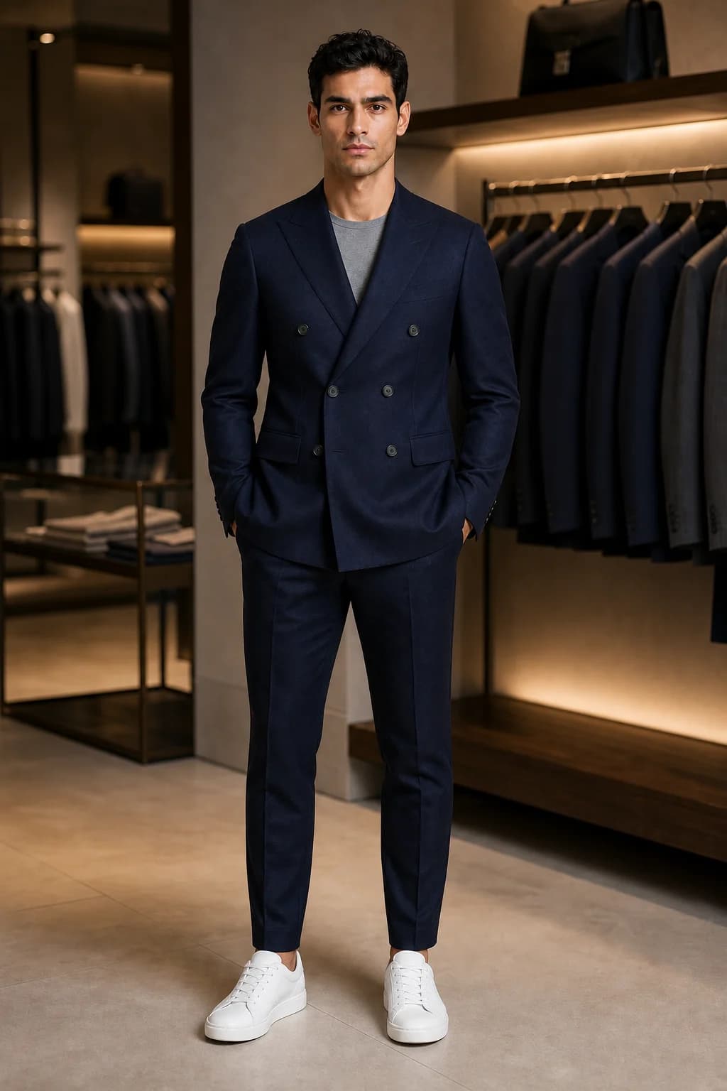 Model in a navy double-breasted suit inside a designer boutique, generated with AURA