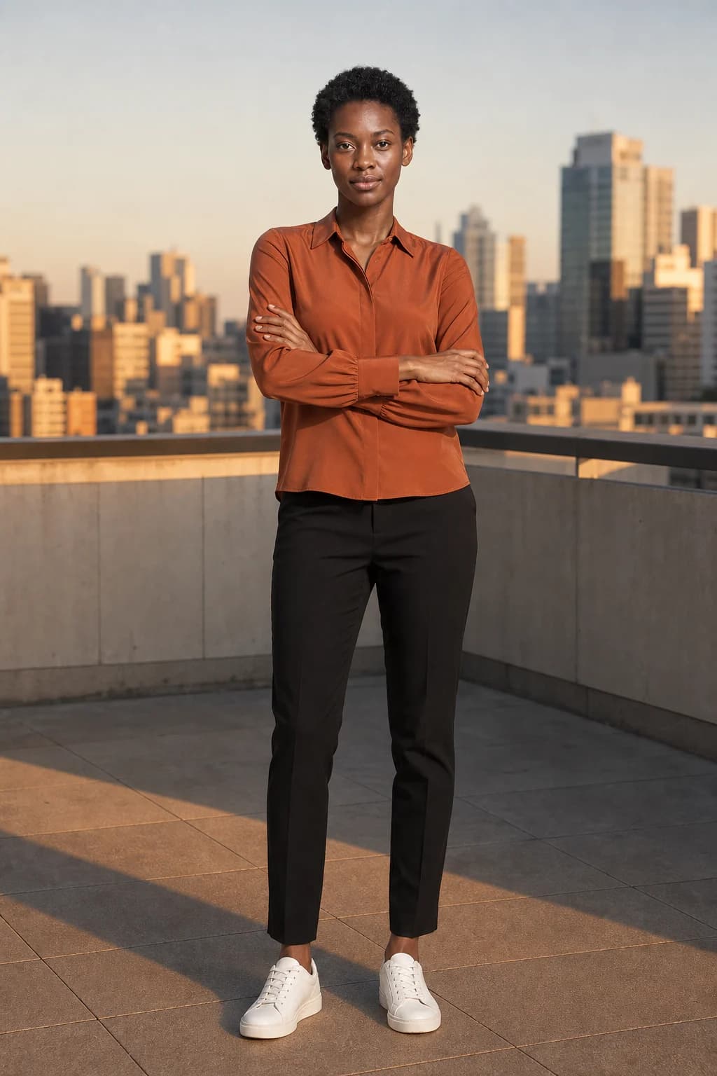 A woman in a terracotta silk blouse on a rooftop terrace at golden hour, made by AURA