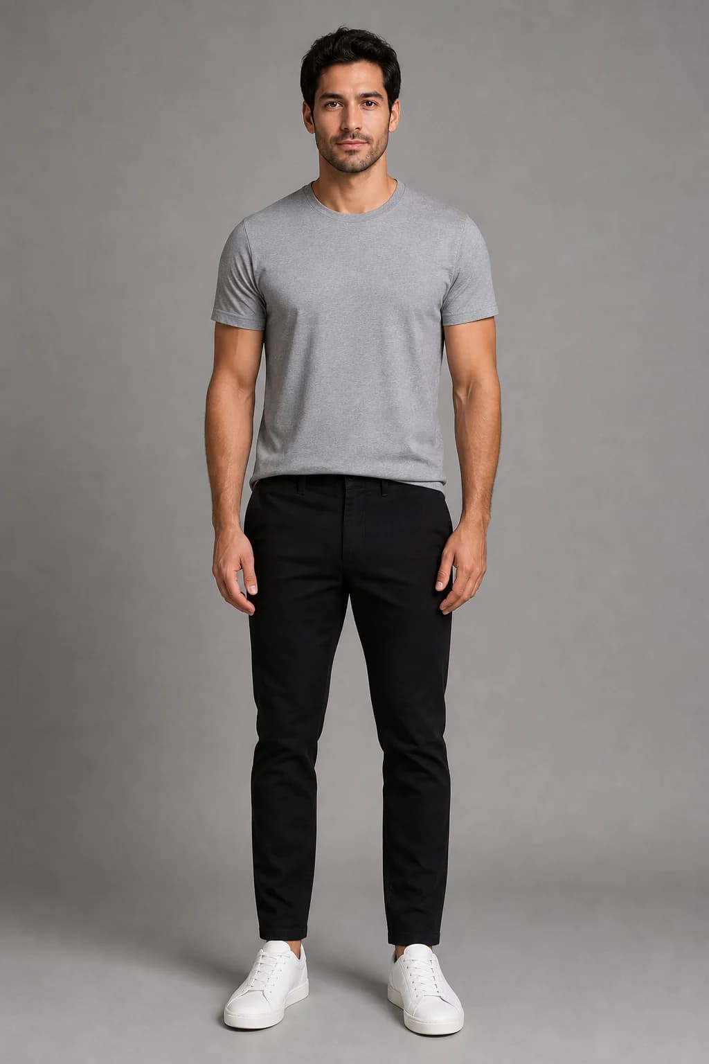 Reference photo of a man in a grey T-shirt and black trousers against a grey wall