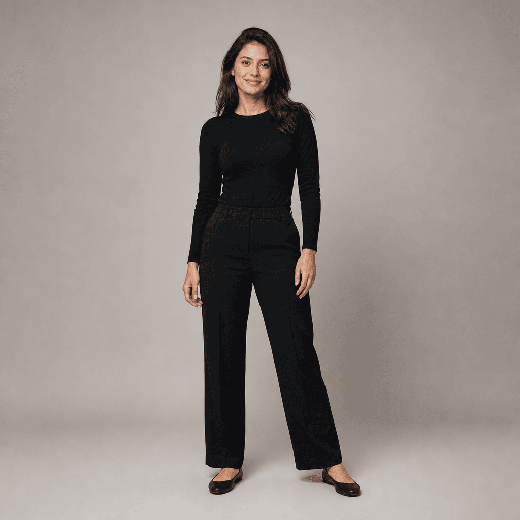The demo model, photographed once in neutral basics